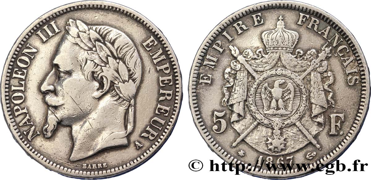 5 francs Napoléon III, tête laurée 1867 Paris F.331/10 TB30 