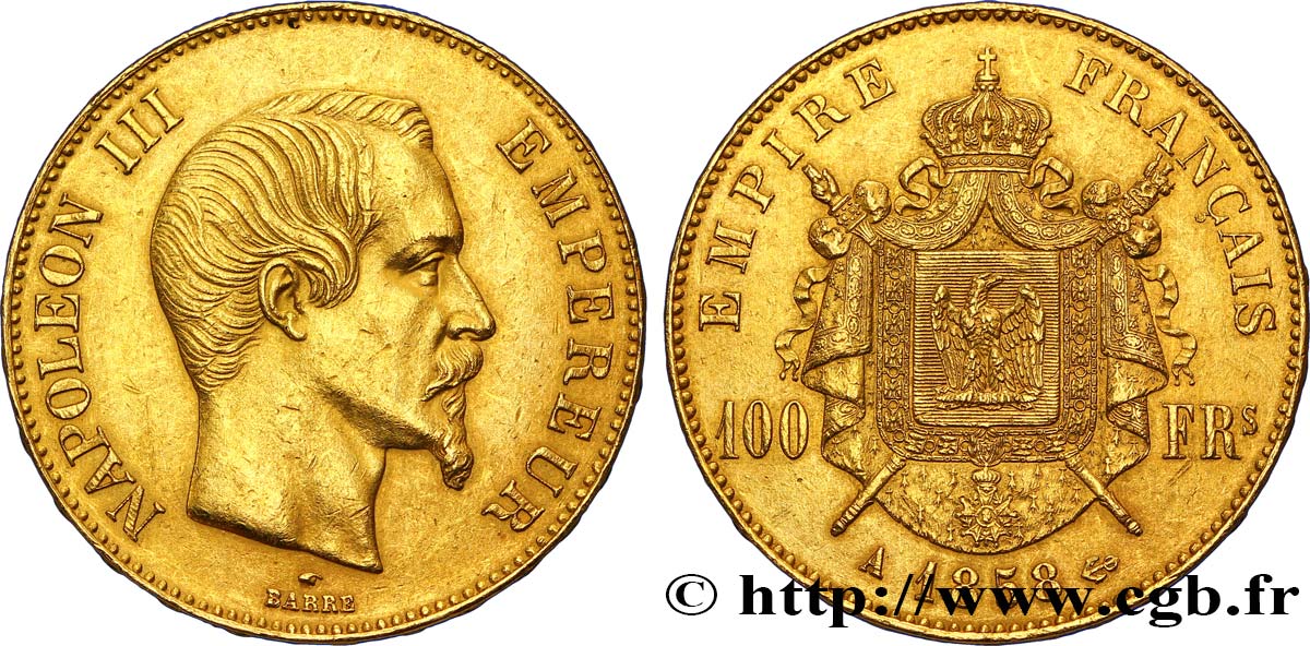 100 francs or Napoléon III, tête nue 1858 Paris F.550/5 XF48 