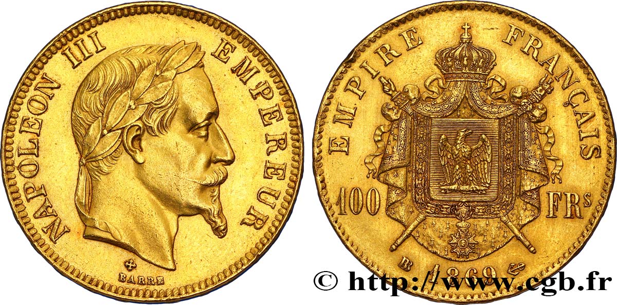 100 francs or Napoléon III, tête laurée 1869 Strasbourg F.551/13 TTB48 