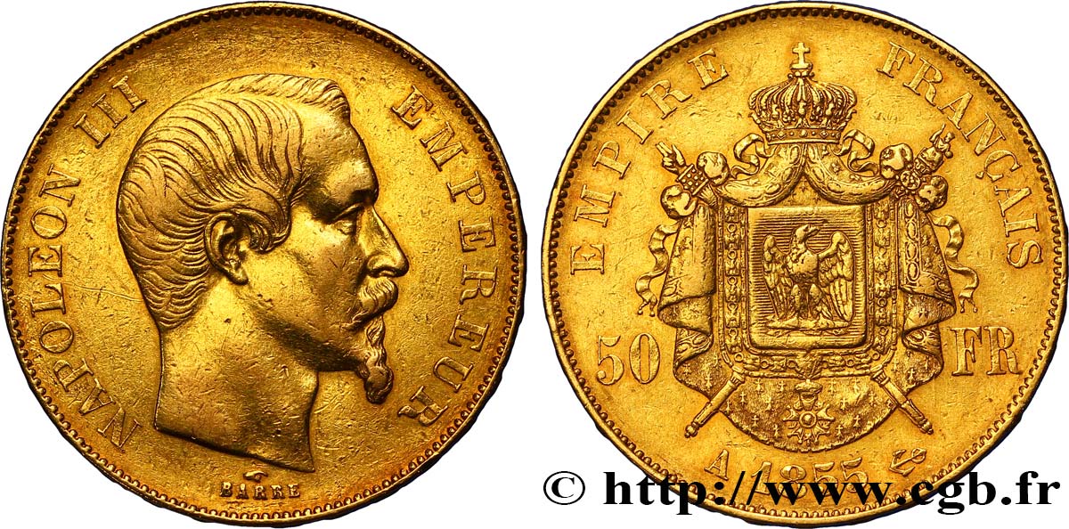 50 francs or Napoléon III, tête nue 1855 Paris F.547/1 XF42 