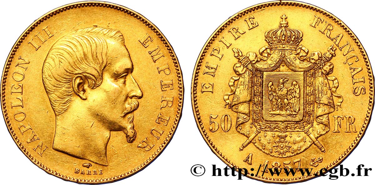 50 francs or Napoléon III, tête nue 1857 Paris F.547/4 XF45 