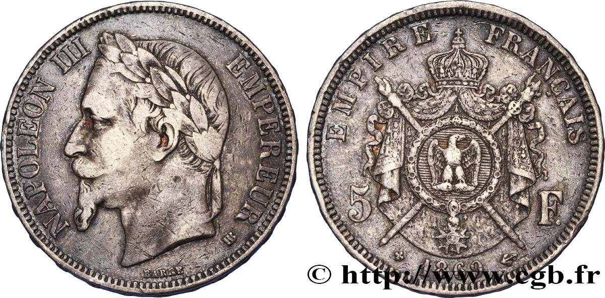 5 francs Napoléon III, tête laurée 1869 Strasbourg F.331/15 MB30 
