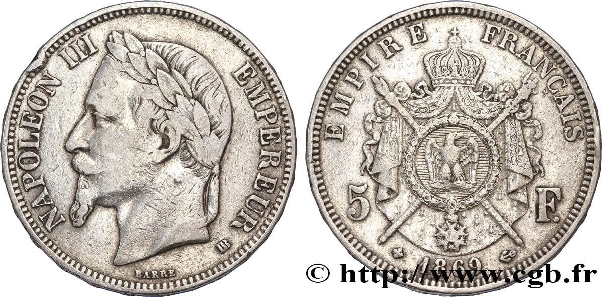 5 francs Napoléon III, tête laurée 1869 Strasbourg F.331/15 VF25 