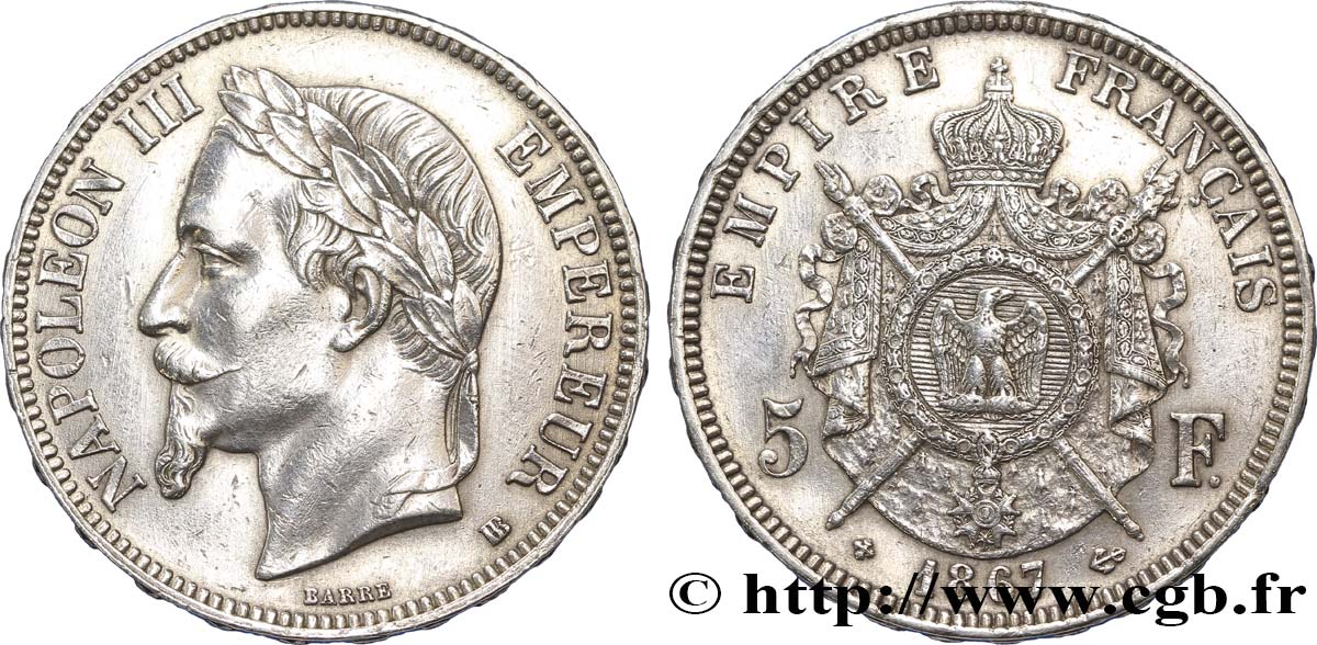 5 francs Napoléon III, tête laurée 1867 Strasbourg F.331/11 MBC+ 