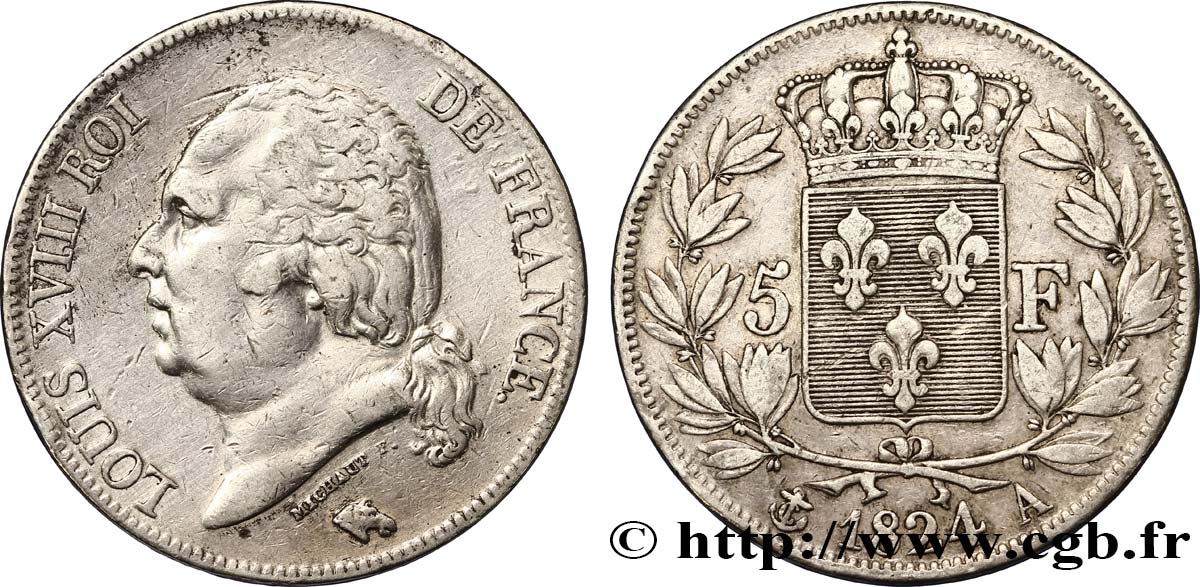 5 francs Louis XVIII, tête nue 1824 Paris F.309/88 BC35 