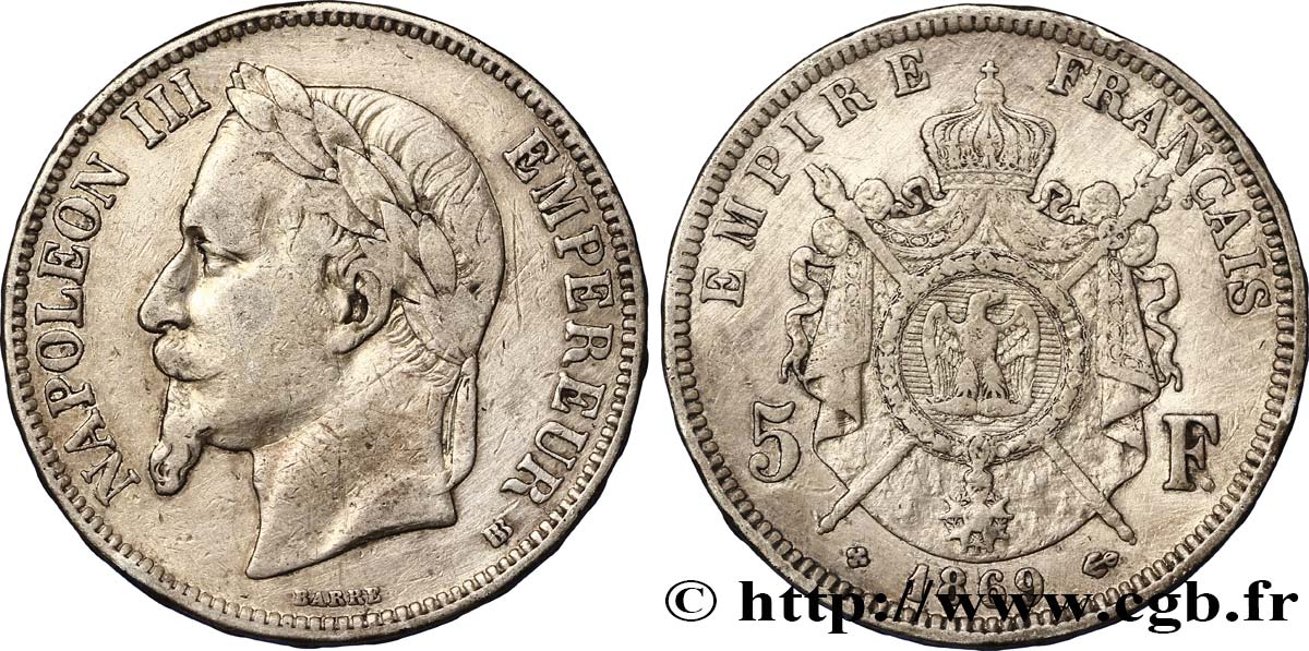 5 francs Napoléon III, tête laurée 1869 Strasbourg F.331/15 TB25