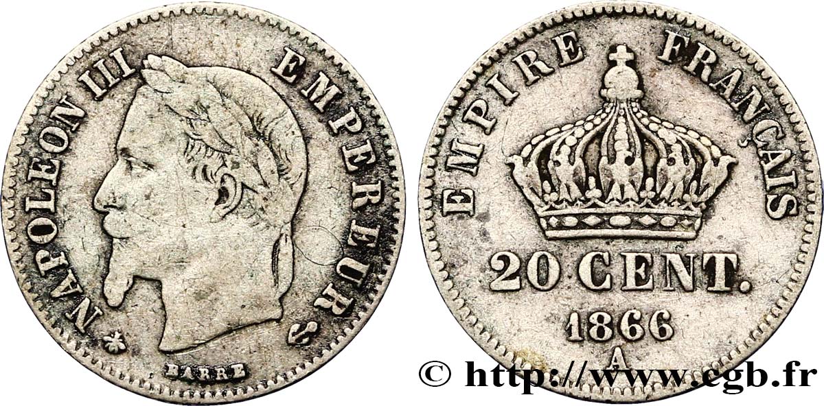 20 centimes Napoléon III, tête laurée, petit module 1866 Paris F.149/4 VF20 