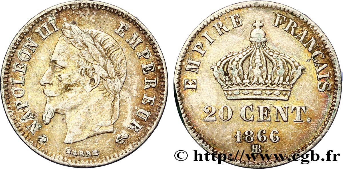 20 centimes Napoléon III, tête laurée, petit module 1866 Strasbourg F.149/5 TB35 