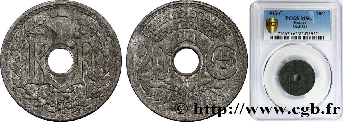20 centimes Lindauer Zinc 1945 Castelsarrasin F.155/4 SPL62 PCGS