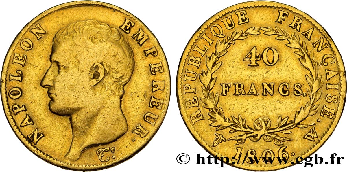 40 francs or Napoléon tête nue, Calendrier grégorien 1806 Lille F.538/5 BB42 