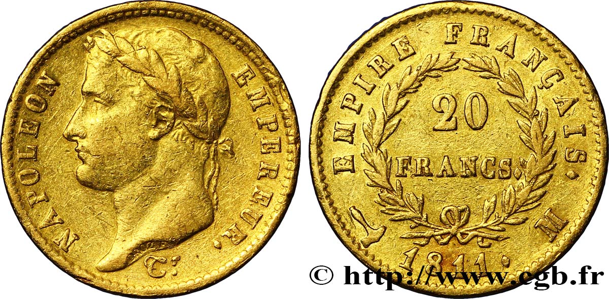 20 francs or Napoléon tête laurée, Empire français 1811 Toulouse F.516/19 XF45 