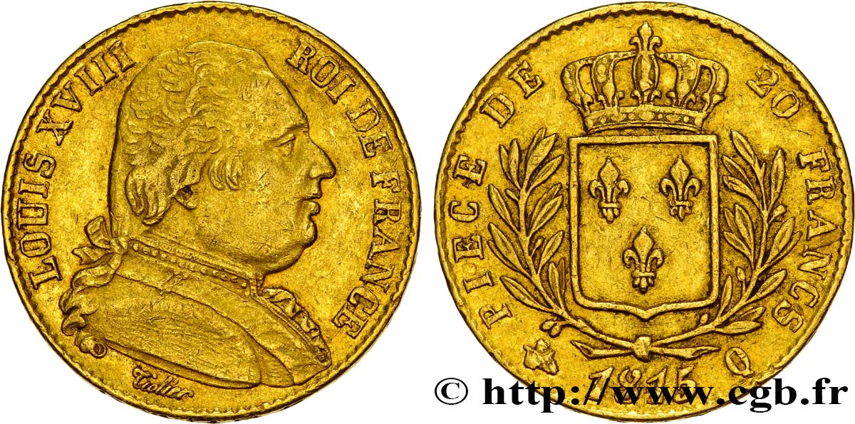 20 francs or Louis XVIII, buste habillé 1815 Perpignan F.517/17 XF45 