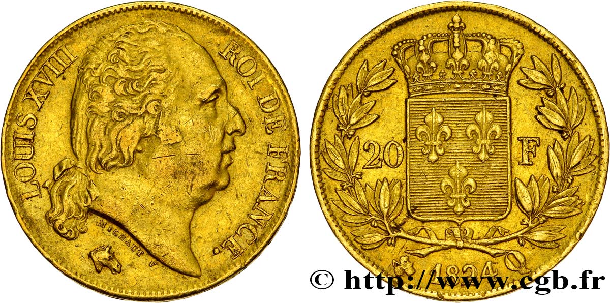 20 francs or Louis XVIII, tête nue 1824 Perpignan F.519/33 XF45 