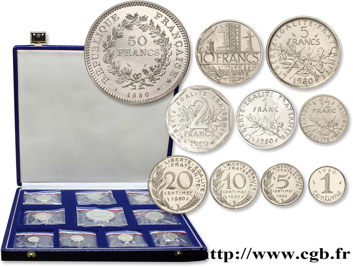 Coffret de 10 piéforts argent : 50, 10, 5, 2, 1 et 1/2 francs et 20, 10, 5 et 1 centimes 1980 Pessac GEM.292 CPA12 MS 