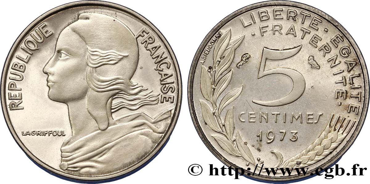 Piéfort argent de 5 centimes Marianne 1973 Paris F.125/9P MS62 