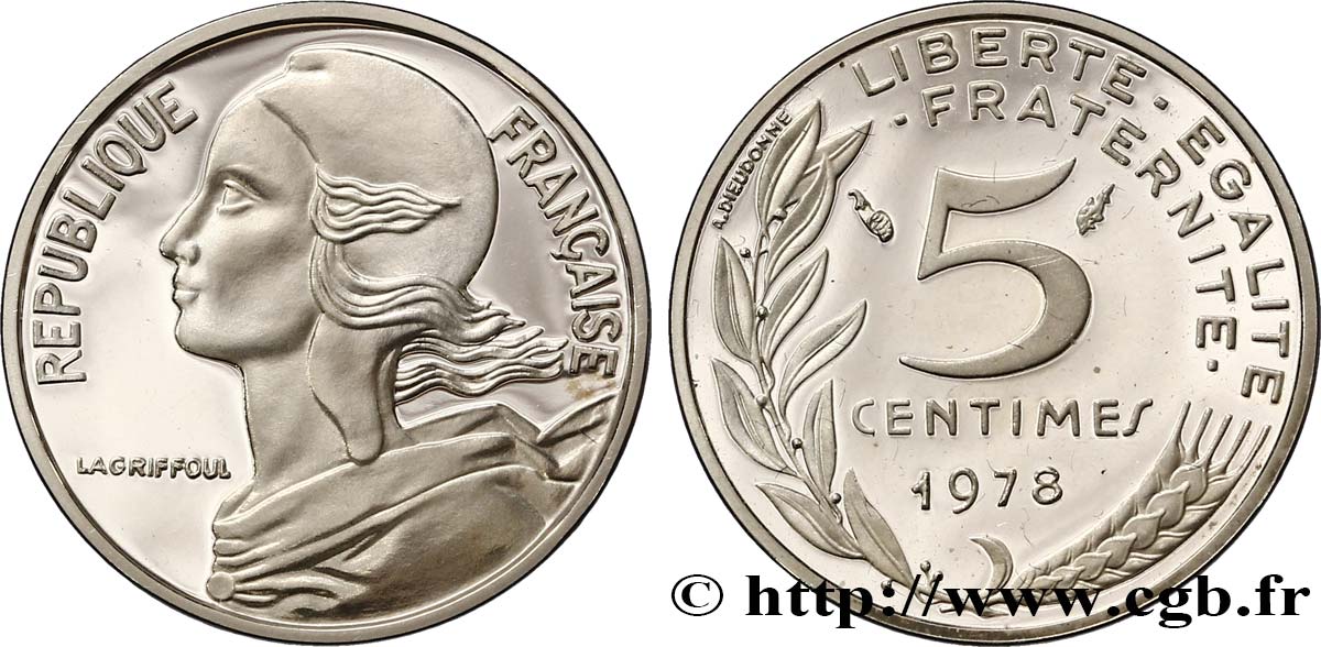 Piéfort argent de 5 centimes Marianne 1978 Paris F.125/14 PP MS65