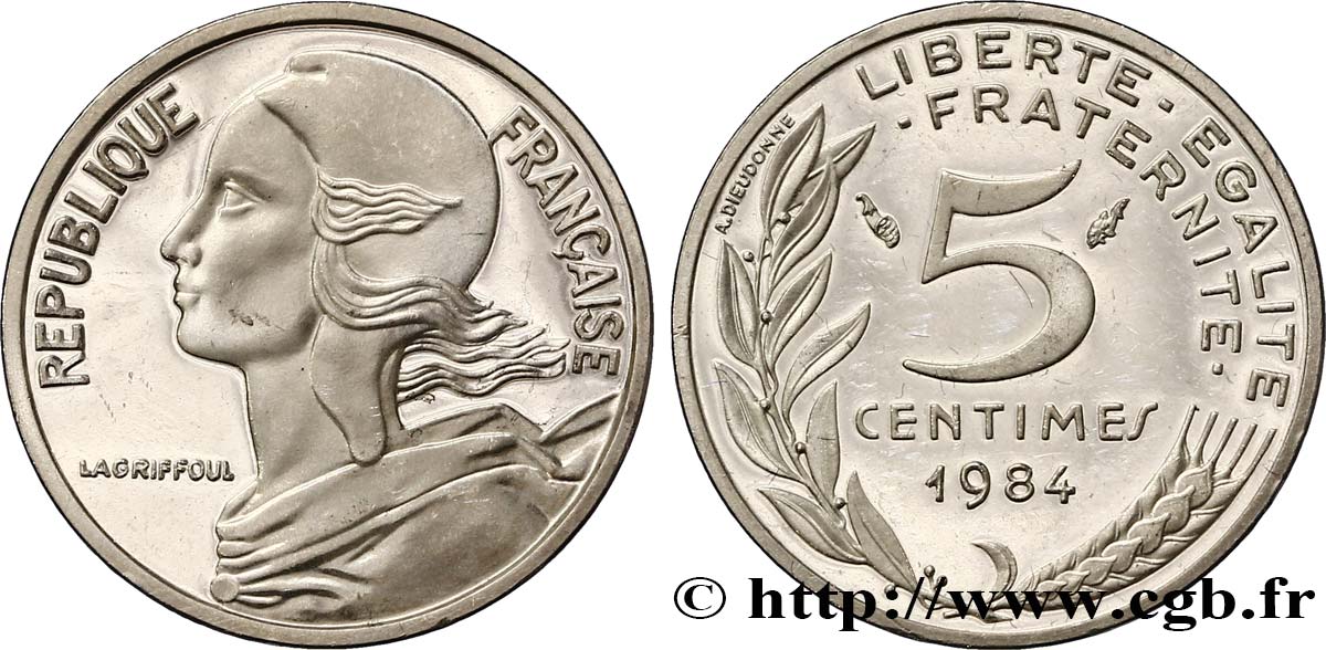 Piéfort argent de 5 centimes Marianne 1984 Pessac F.125/20P VZ62