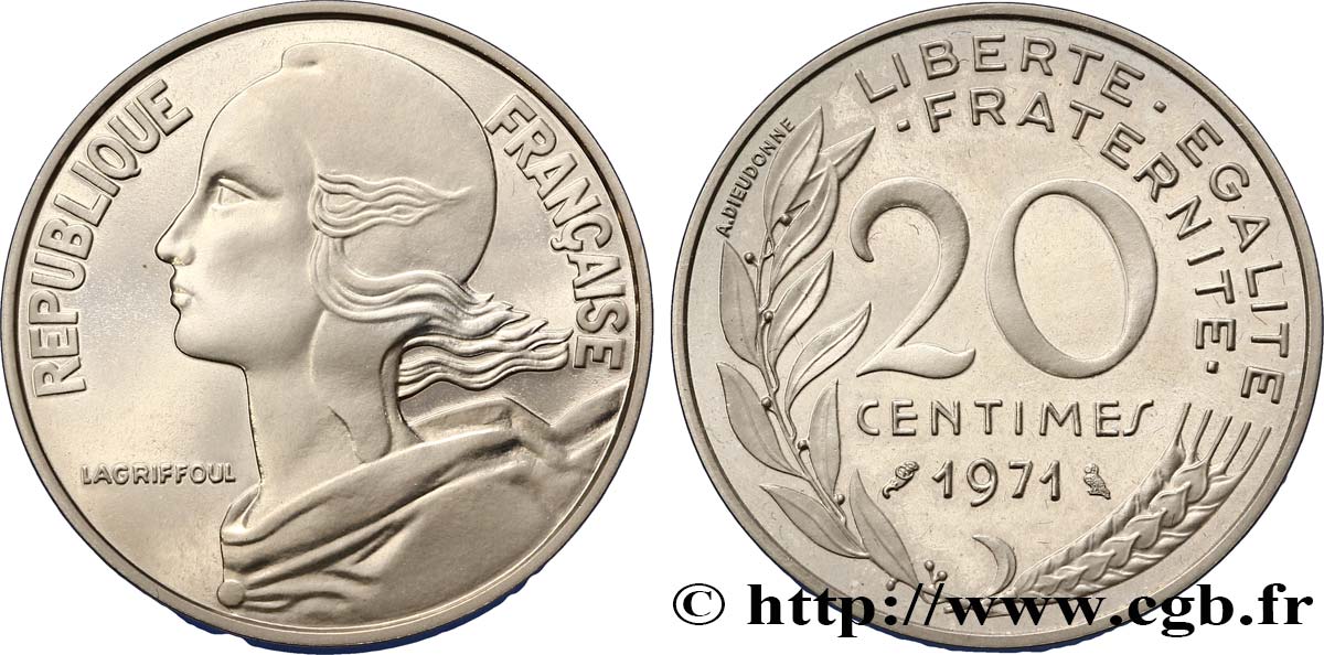 Piéfort argent de 20 centimes Marianne 1971 Pessac F.156/11P fST64 