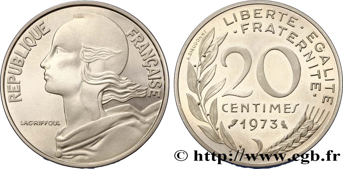 Piéfort argent de 20 centimes Marianne 1973 Pessac F.156/12P MS65