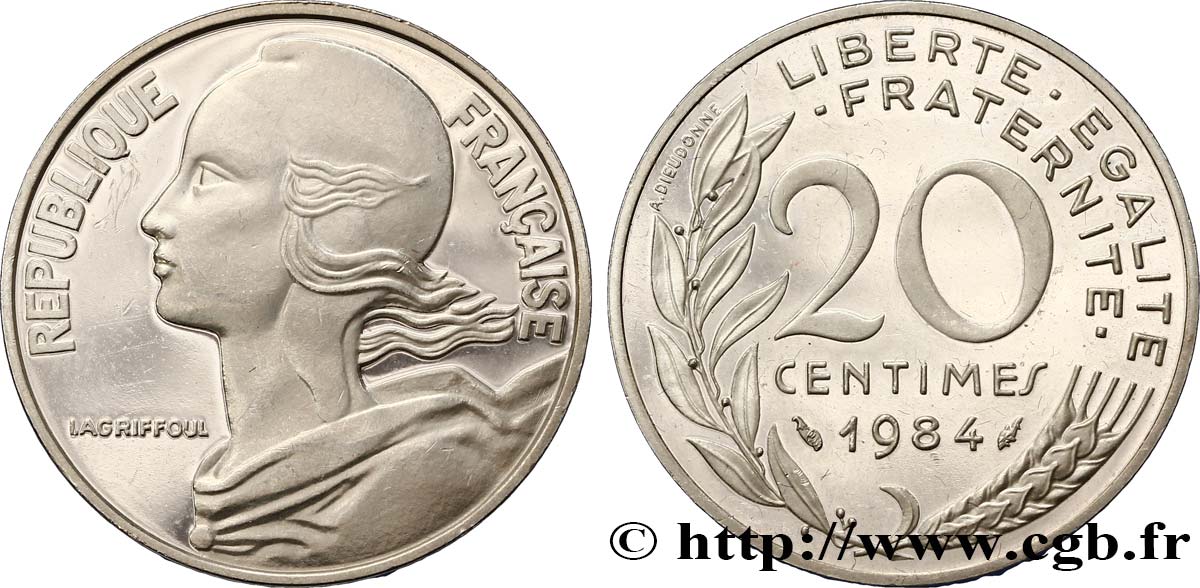 Piéfort argent de 20 centimes Marianne 1984 Pessac F.156/24P VZ 