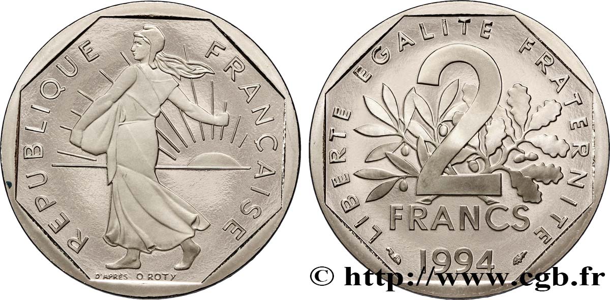 2 francs Semeuse, nickel, différent dauphin, BE (Belle Épreuve) 1994 Pessac F.272/21 var. MS67 
