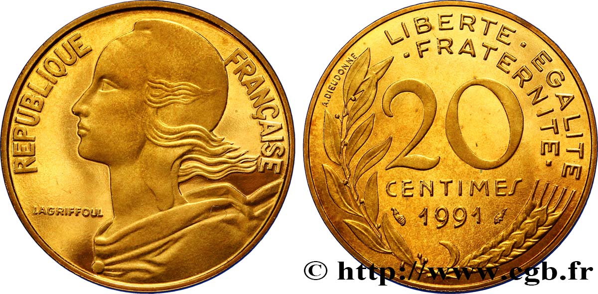20 centimes Marianne, BE (Belle Épreuve) 1991 Pessac F.156/31 var. MS67 
