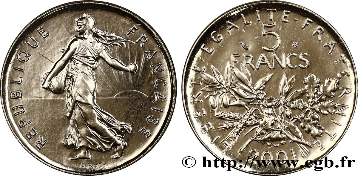 5 francs Semeuse, nickel, BU (Brillant Universel) 2001 Pessac F.341/37 MS68 