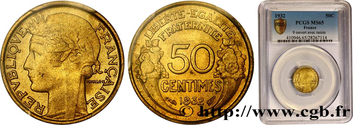 50 centimes Morlon, avec raisin sans fruit, 9 et 2 ouverts 1932  F.192/7 MS65 PCGS