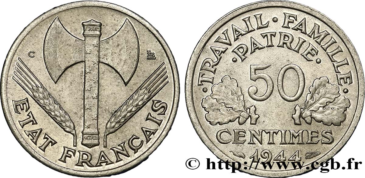 50 centimes Francisque, légère 1944 Castelsarrasin F.196/6 MS60 