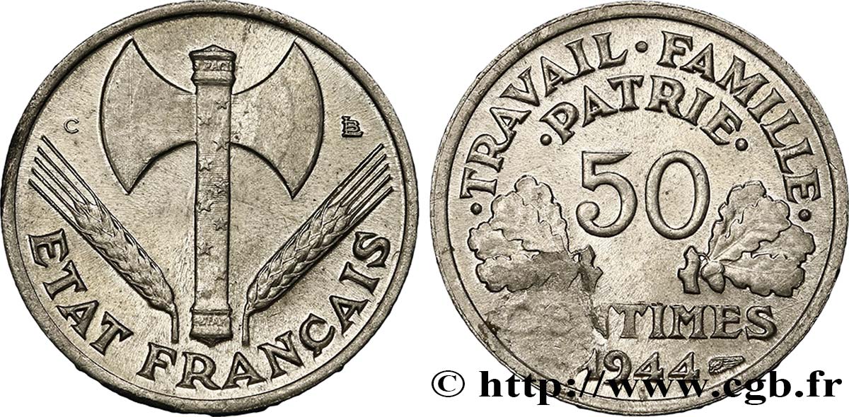50 centimes Francisque, légère 1944 Castelsarrasin F.196/6 MS60 