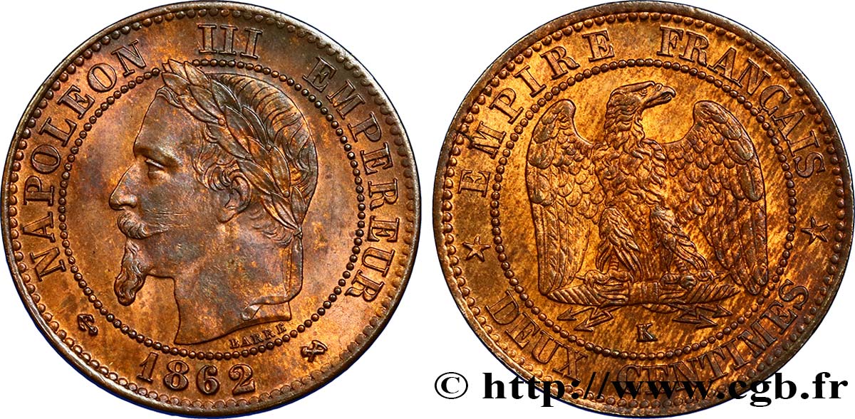 Deux centimes Napoléon III, tête laurée 1862 Bordeaux F.108A/7 MS60 