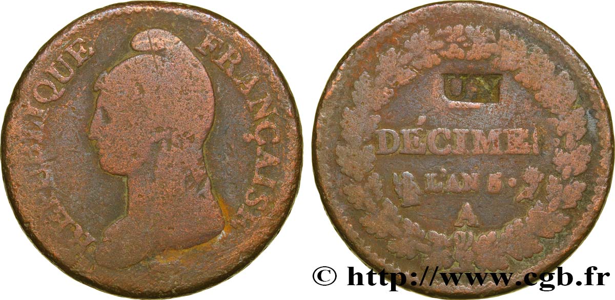 Un décime Dupré, modification du 2 décimes 1797 Paris F.127/5 F12 