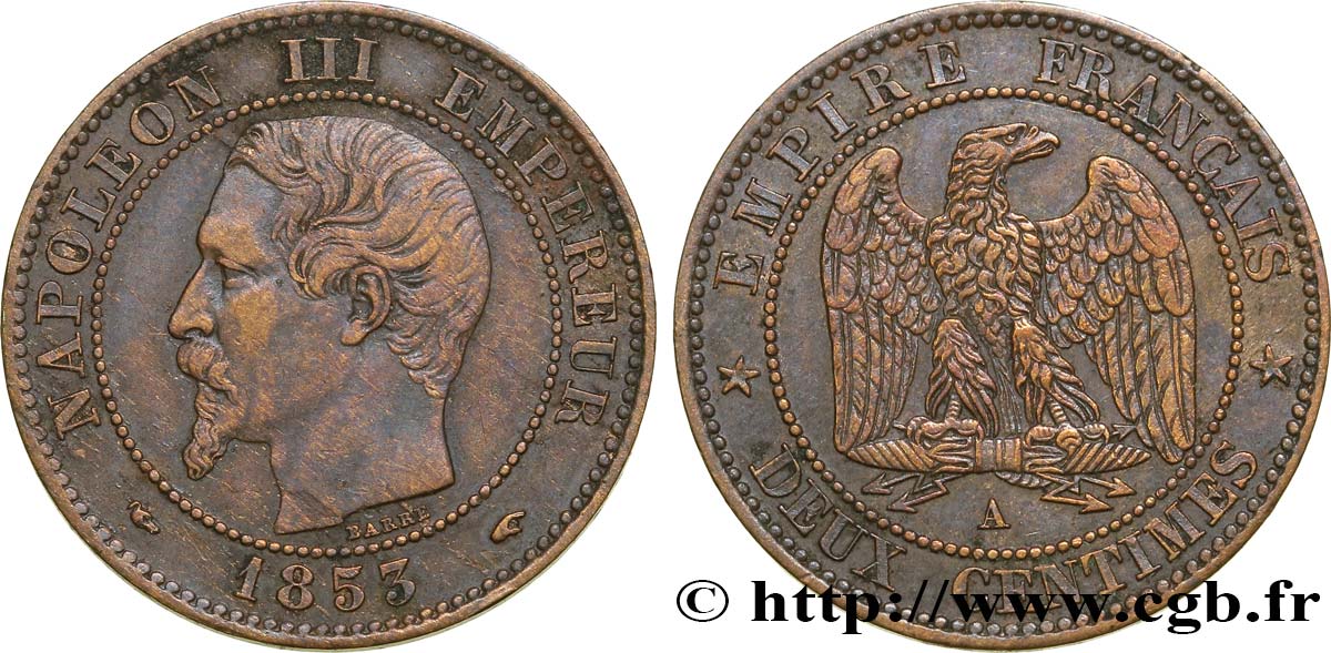 Deux centimes Napoléon III, tête nue 1853 Paris F.107/1 MBC40 