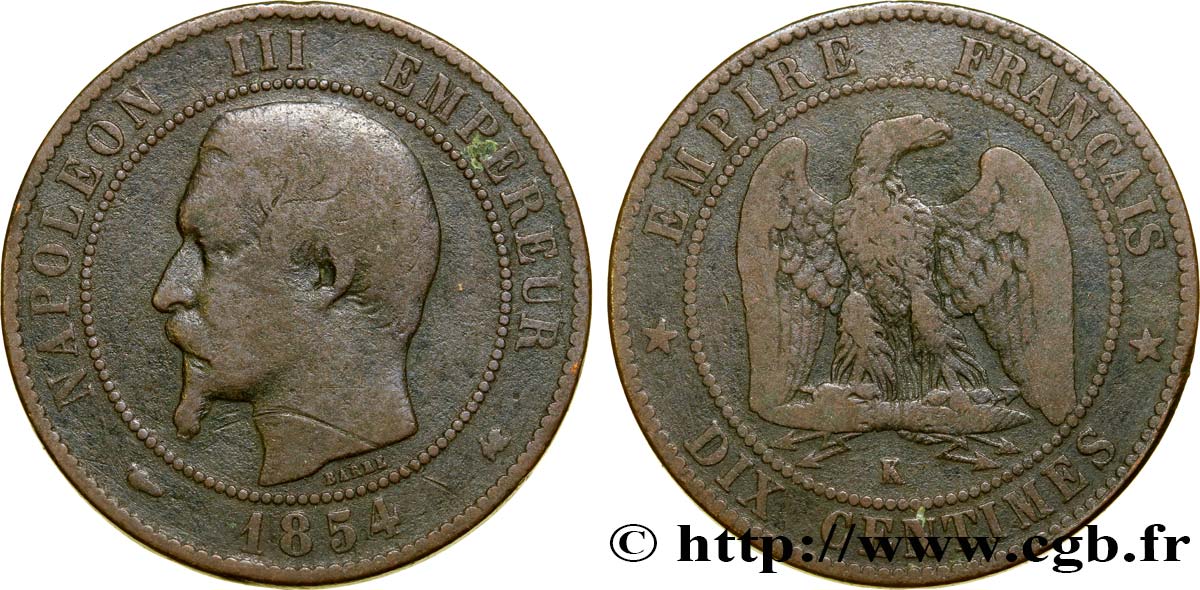 Dix centimes Napoléon III, tête nue 1854 Bordeaux F.133/16 S20 