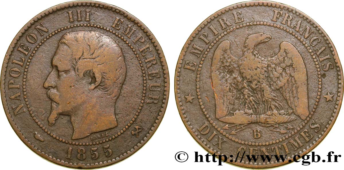 Dix centimes Napoléon III, tête nue 1855 Rouen F.133/21 VF20 