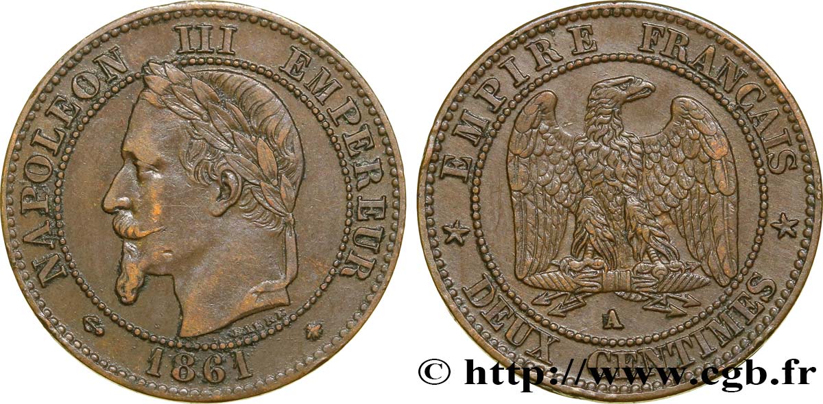 Deux centimes Napoléon III, tête laurée 1861 Paris F.108A/1 TTB48 