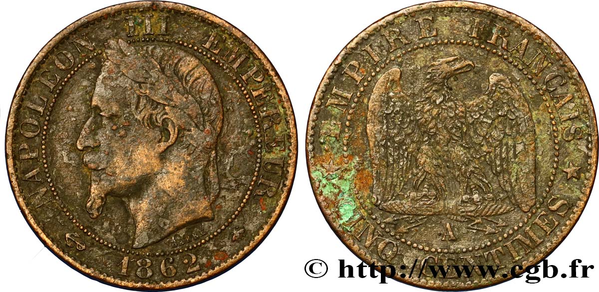 Cinq centimes Napoléon III, tête laurée 1862 Paris F.117/7 MB35 
