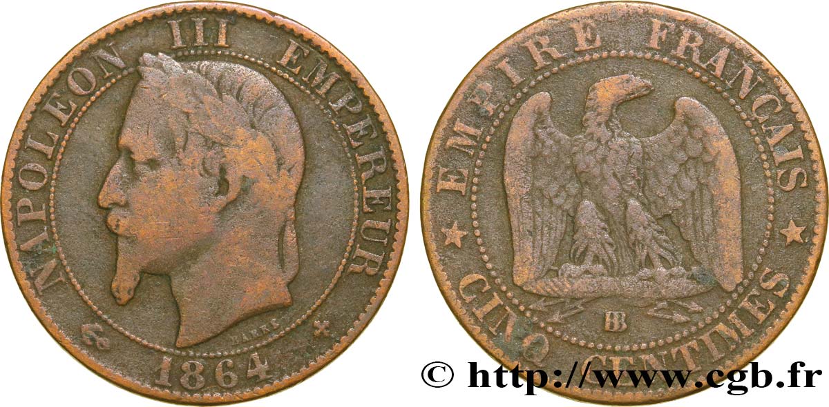 Cinq centimes Napoléon III, tête laurée 1864 Strasbourg F.117/14 VF30 