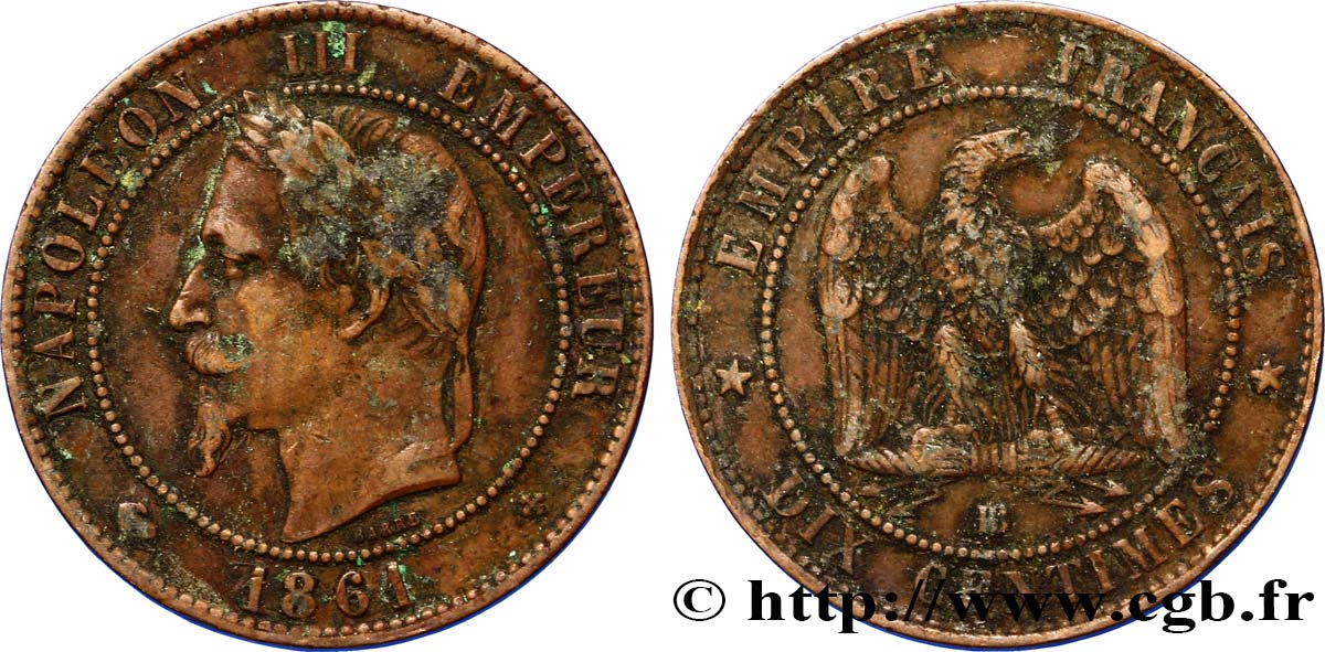 Dix centimes Napoléon III, tête laurée 1861 Strasbourg F.134/5 BC20 