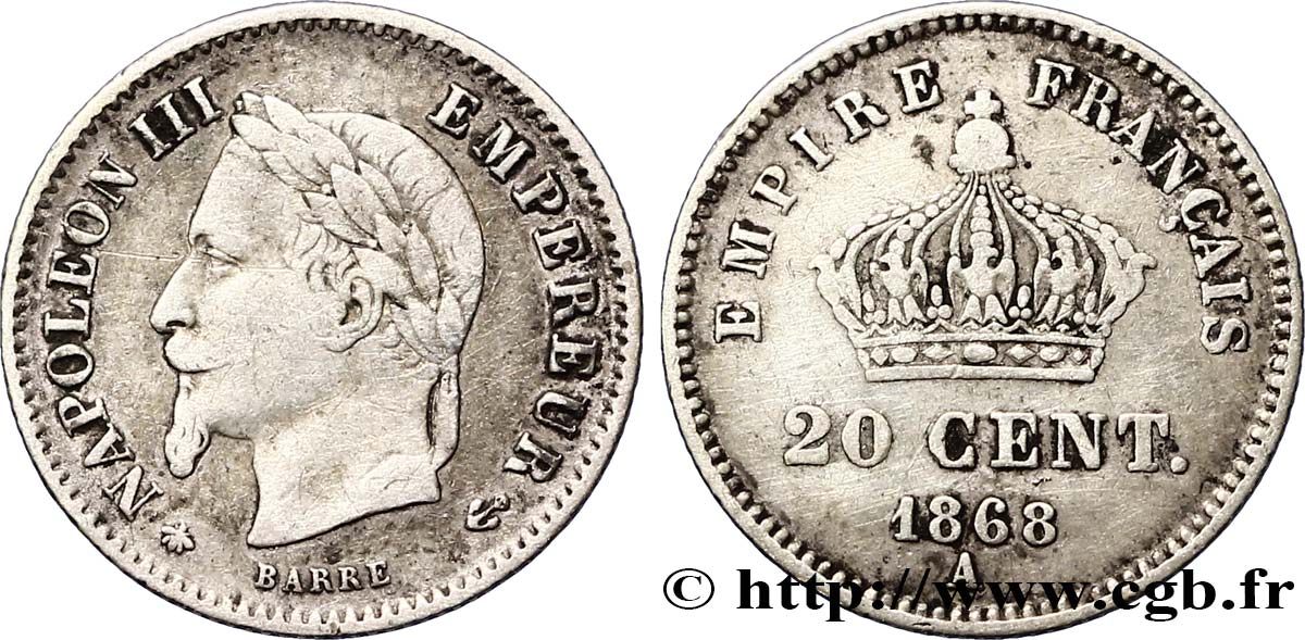 20 centimes Napoléon III, tête laurée, grand module 1868 Paris F.150/4 S35 