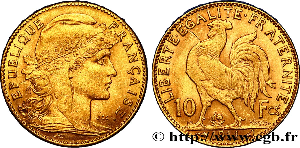 10 francs or Coq 1911 Paris F.509/12 MBC48 