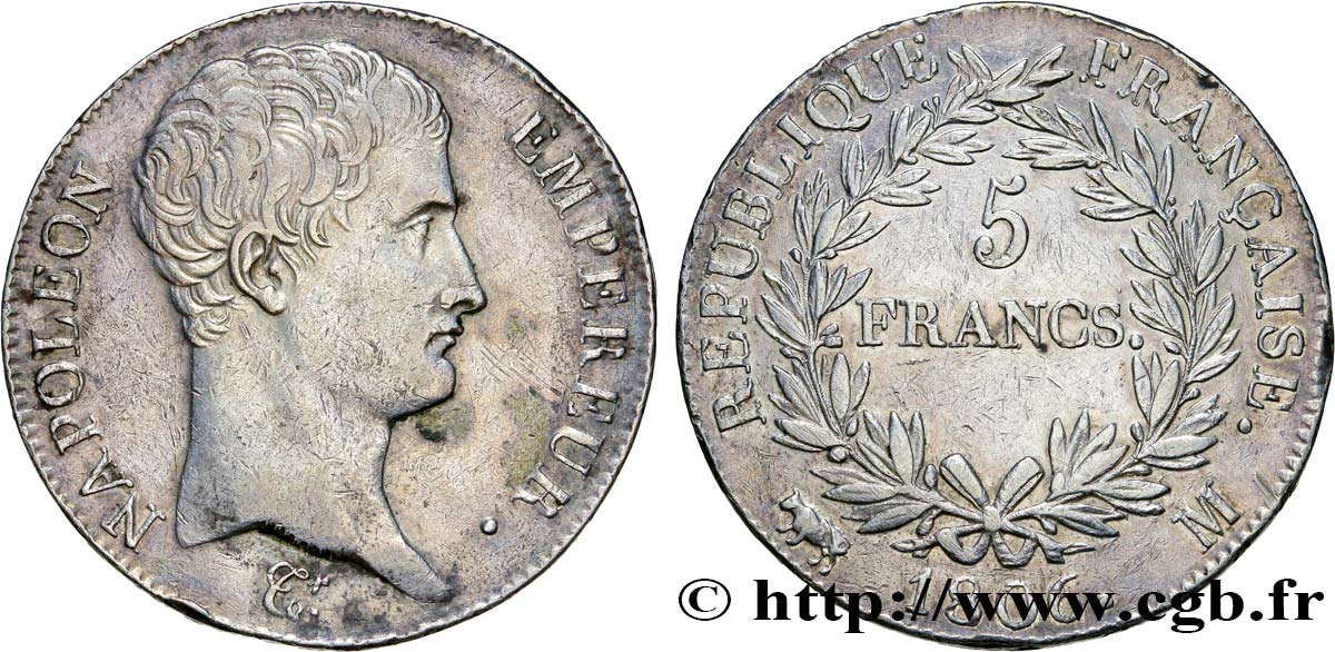 5 francs Napoléon Empereur, Calendrier grégorien 1806 Toulouse F.304/8 AU53 