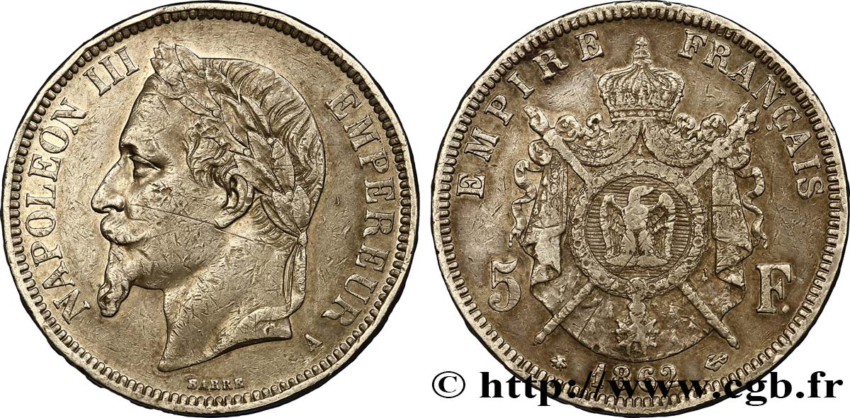5 francs Napoléon III, tête laurée 1862 Paris F.331/3 VF35 