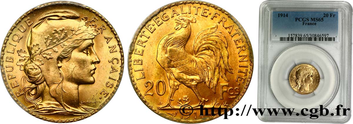 20 francs or Coq, Liberté Égalité Fraternité 1914 Paris F.535/8 MS65 PCGS