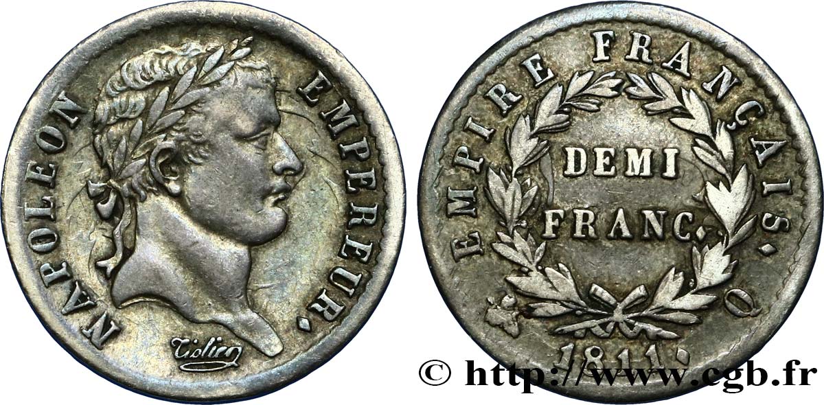 Demi-franc Napoléon Ier tête laurée, Empire français 1811 Perpignan F.178/31 BB42 