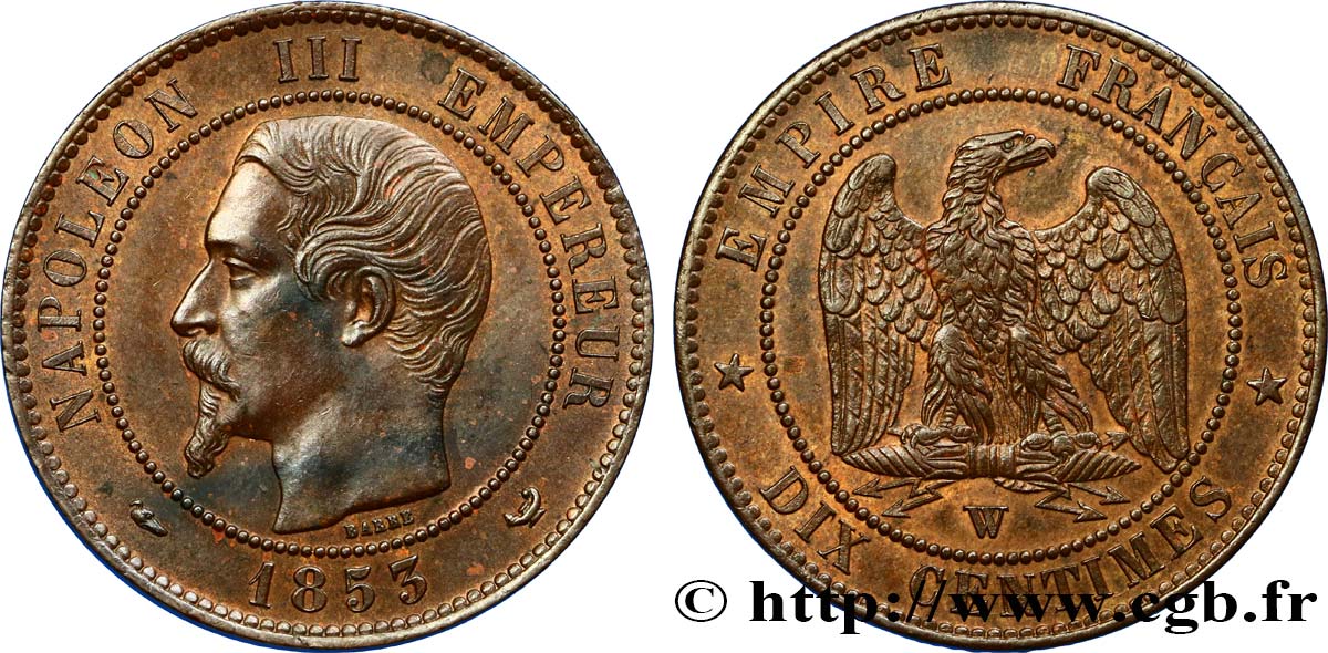 Dix centimes Napoléon III, tête nue 1853 Lille F.133/10 AU58 