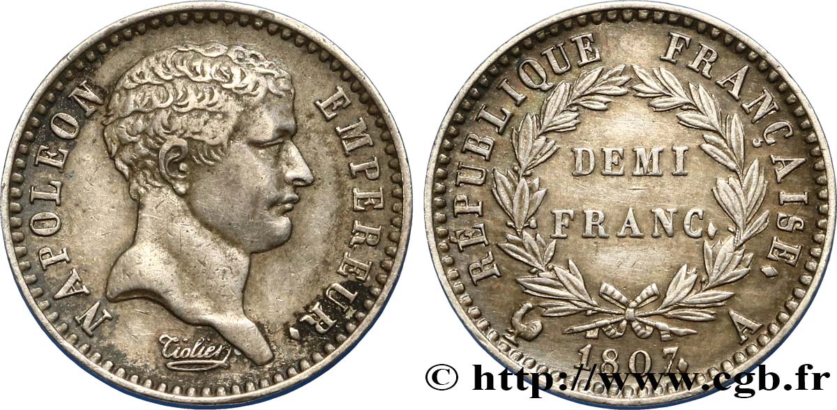 Demi-franc Napoléon Empereur, tête de nègre 1807 Paris F.176/1 VZ55 