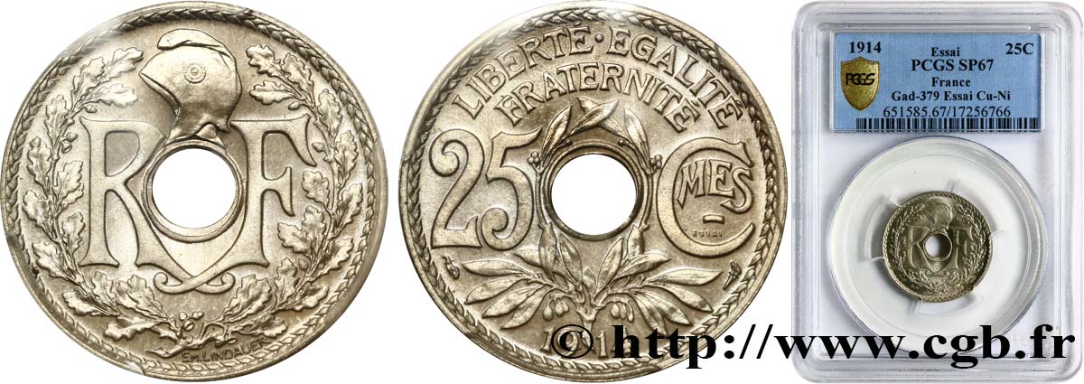 Essai de 25 centimes Lindauer souligné 1914 Paris F.170/1 var. ST67 PCGS