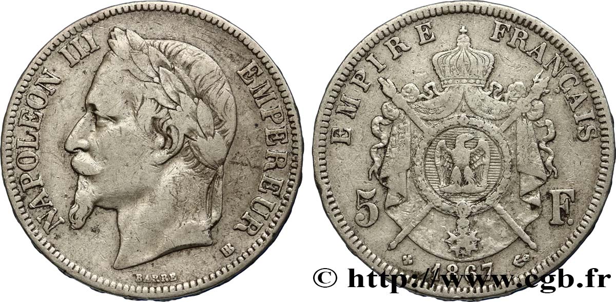5 francs Napoléon III, tête laurée 1867 Strasbourg F.331/11 TB25 