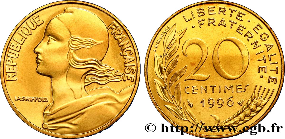 20 centimes Marianne, BE (Belle Épreuve) 1996 Pessac F.156/40 var. MS67 